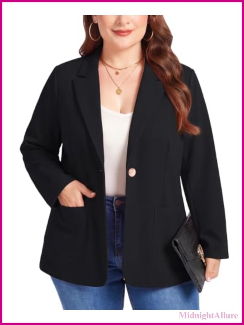 Plus Size Blazer Long Sleeve One Button Notch Collar Work Office Jacket